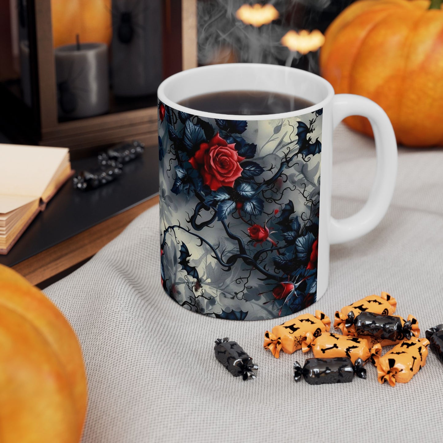Red Rose Ceramic Mug — Dark Floral Coffee Cup