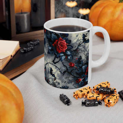 Red Rose Ceramic Mug — Dark Floral Coffee Cup