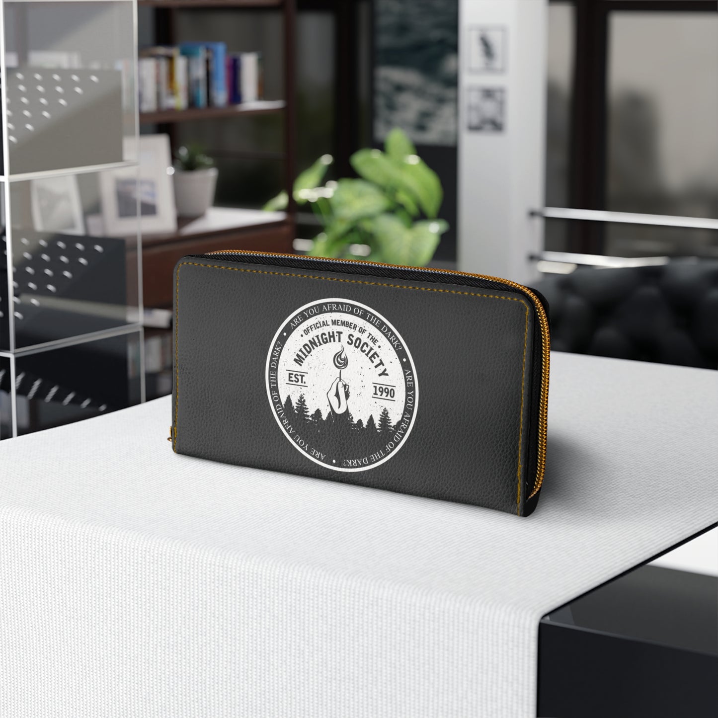 Midnight Society Zipper Wallet – Vintage Campfire Emblem Leather Wallet
