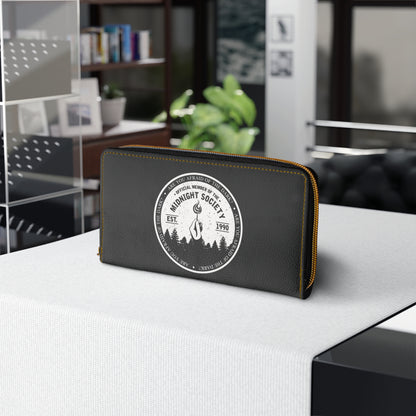 Midnight Society Zipper Wallet – Vintage Campfire Emblem Leather Wallet