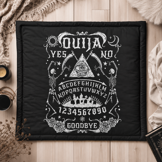 Edredón vintage de tabla ouija | Juego de cama gótico | Colcha de esqueleto y ocultismo Dark Academia | Decoración de dormitorio de bruja para Halloween