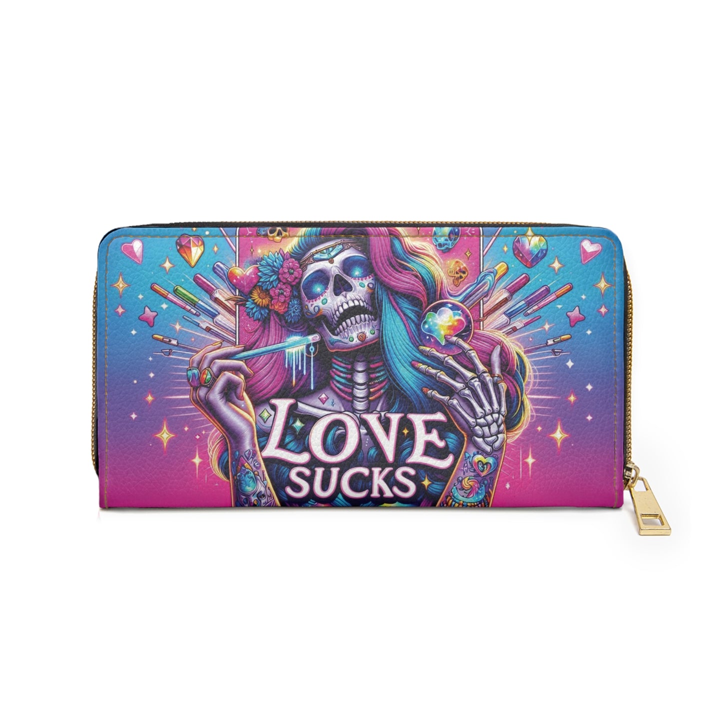 Love Sucks Skeleton Zipper Wallet — Gothic Rainbow Skull Wallet