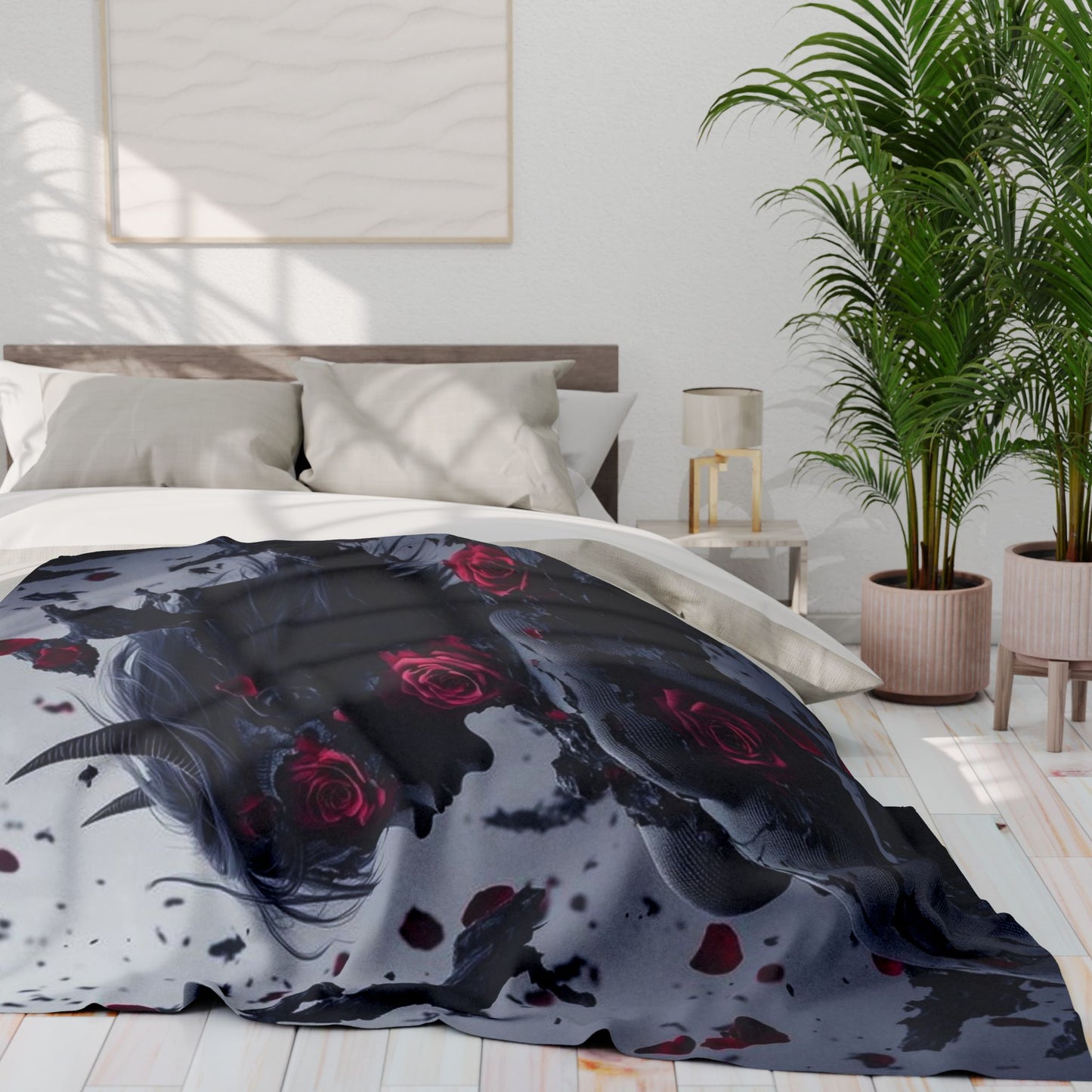 Arctic Fleece Blanket - Dark Fantasy Demon Woman with Red Roses Plush Throw
