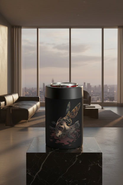 A black can cooler with a metallic silver lid, featuring a graphic print of a rusty metal hockey mask with a bat wing perched on it, set against a plain white background.