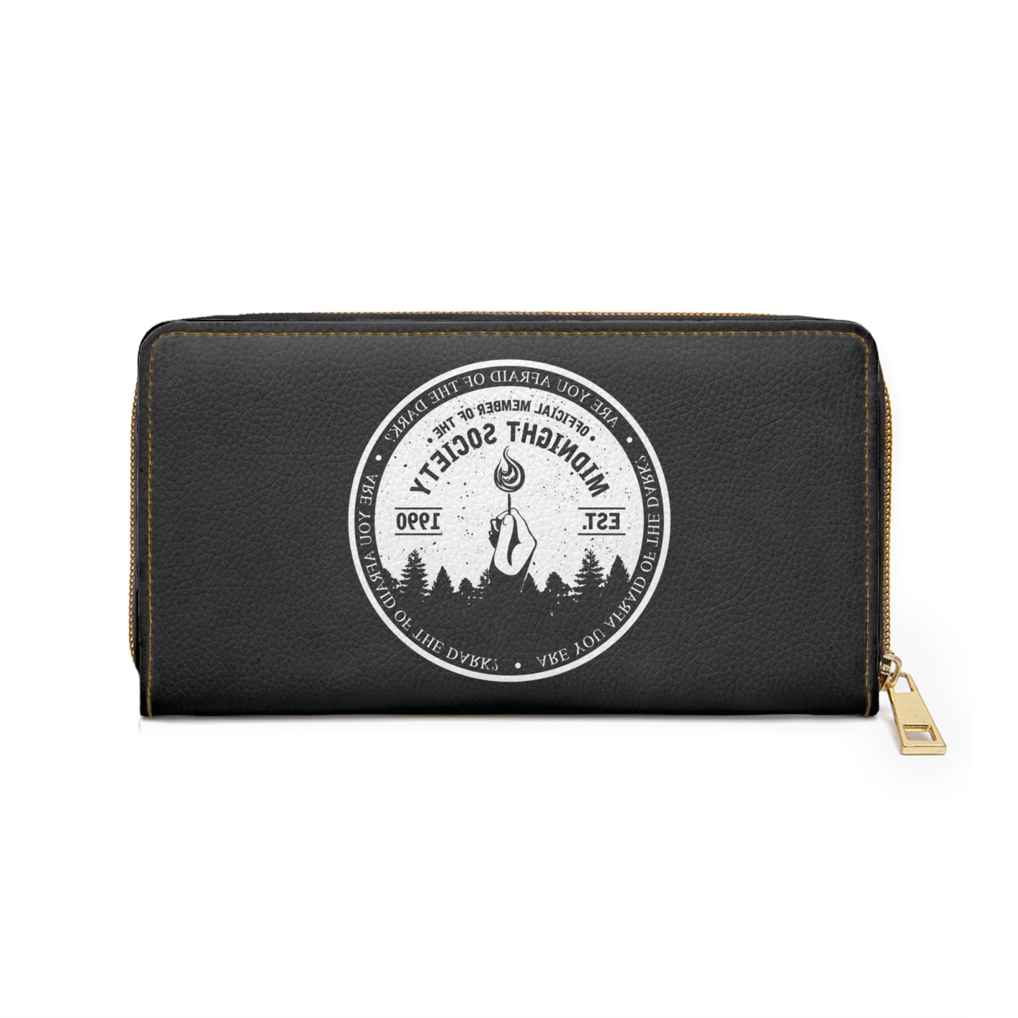 Midnight Society Zipper Wallet – Vintage Campfire Emblem Leather Wallet