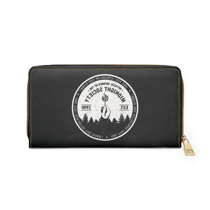 Midnight Society Zipper Wallet – Vintage Campfire Emblem Leather Wallet