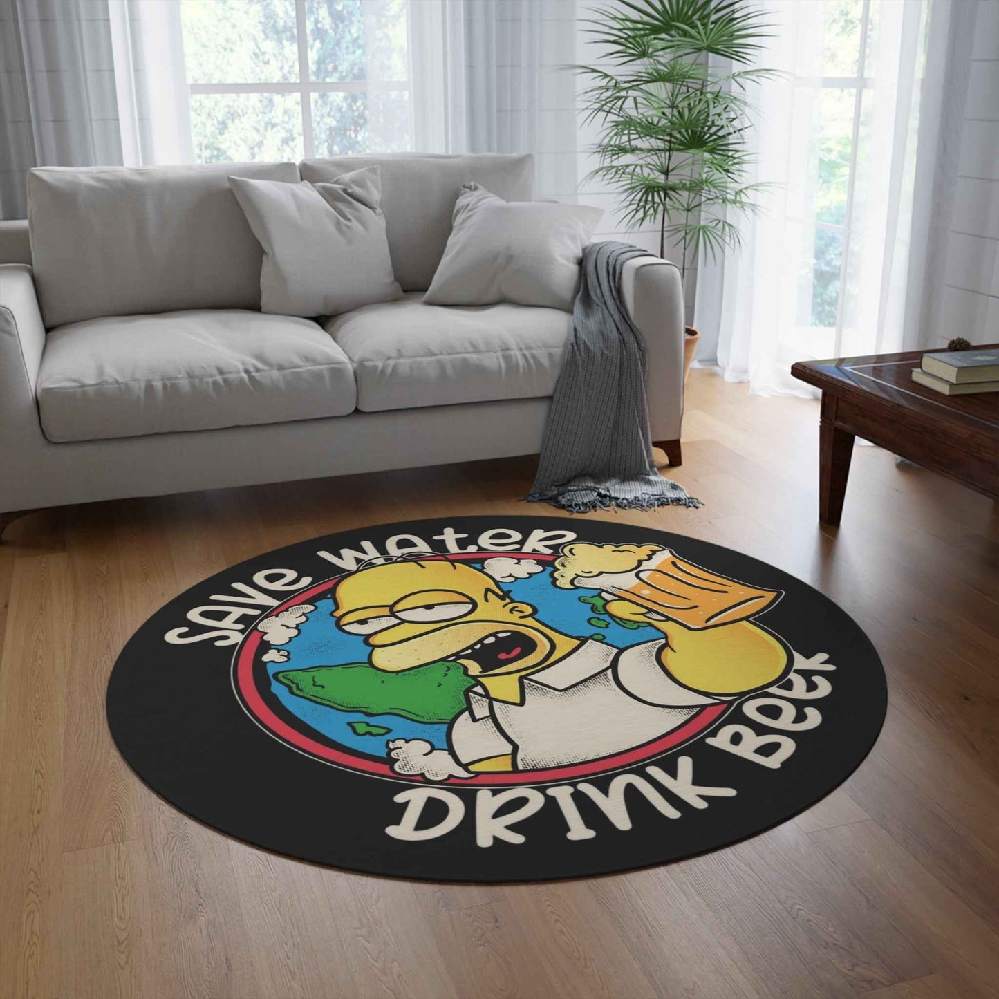 Round Rug — 'Save Water Drink Beer' Humorous Cartoon Beer Mat