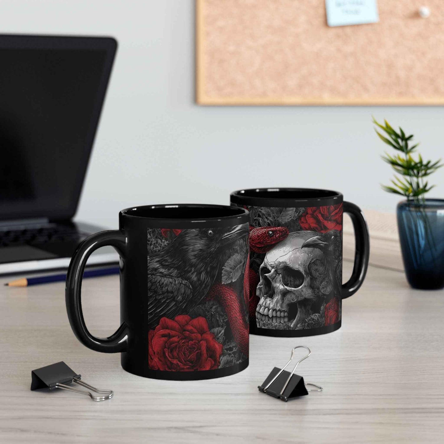 Gothic Skull & Red Snake Black Mug – Dark Rose Raven Coffee Cup