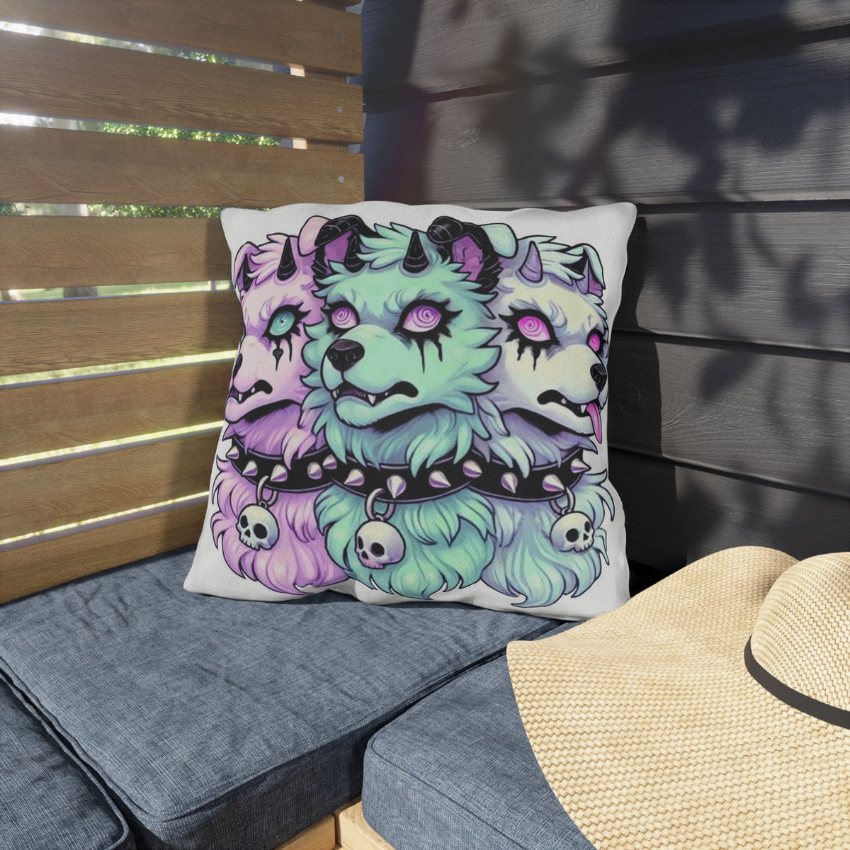Pastel Goth Cerberus Cushion Cover – Spooky Three-Headed Dog Throw Pillow