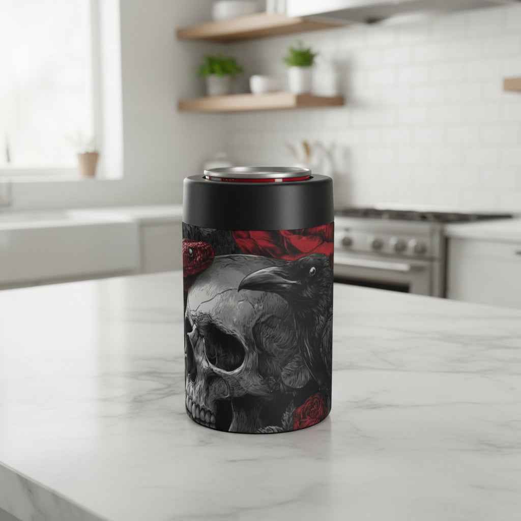 A slim can cooler with a black top and base, featuring a gothic graphic print of a skull, raven, red roses, and a snake on a white background.