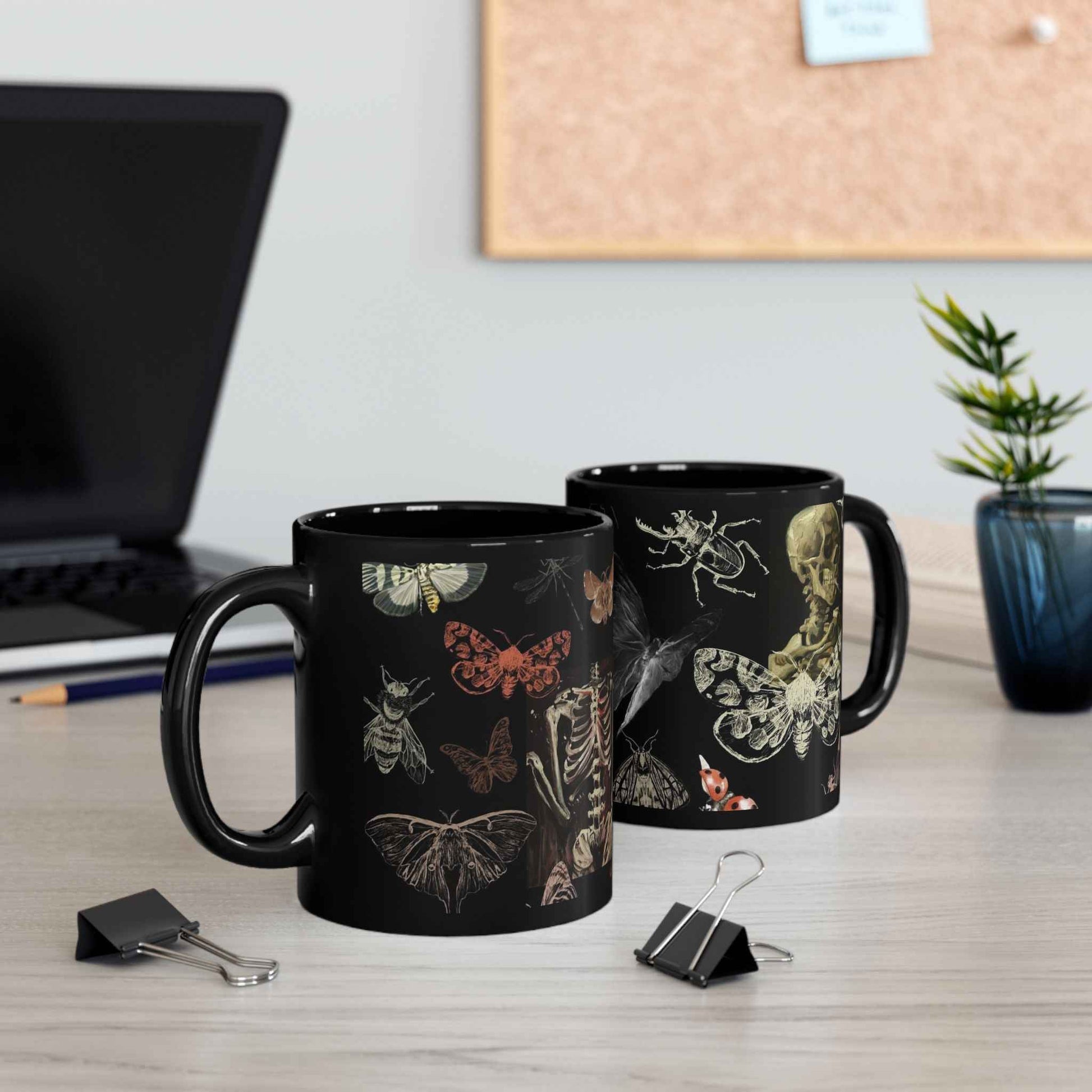 Skull & Moth Black Ceramic Mug – Gothic Skeleton and Moth Halloween Coffee Cup