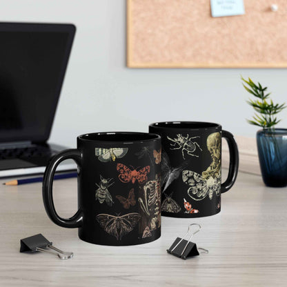 Skull & Moth Black Ceramic Mug – Gothic Skeleton and Moth Halloween Coffee Cup
