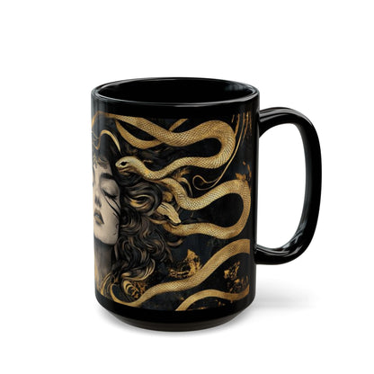 Medusa Art Black Ceramic Mug — Mythical Snake-Hair Goddess Coffee Cup
