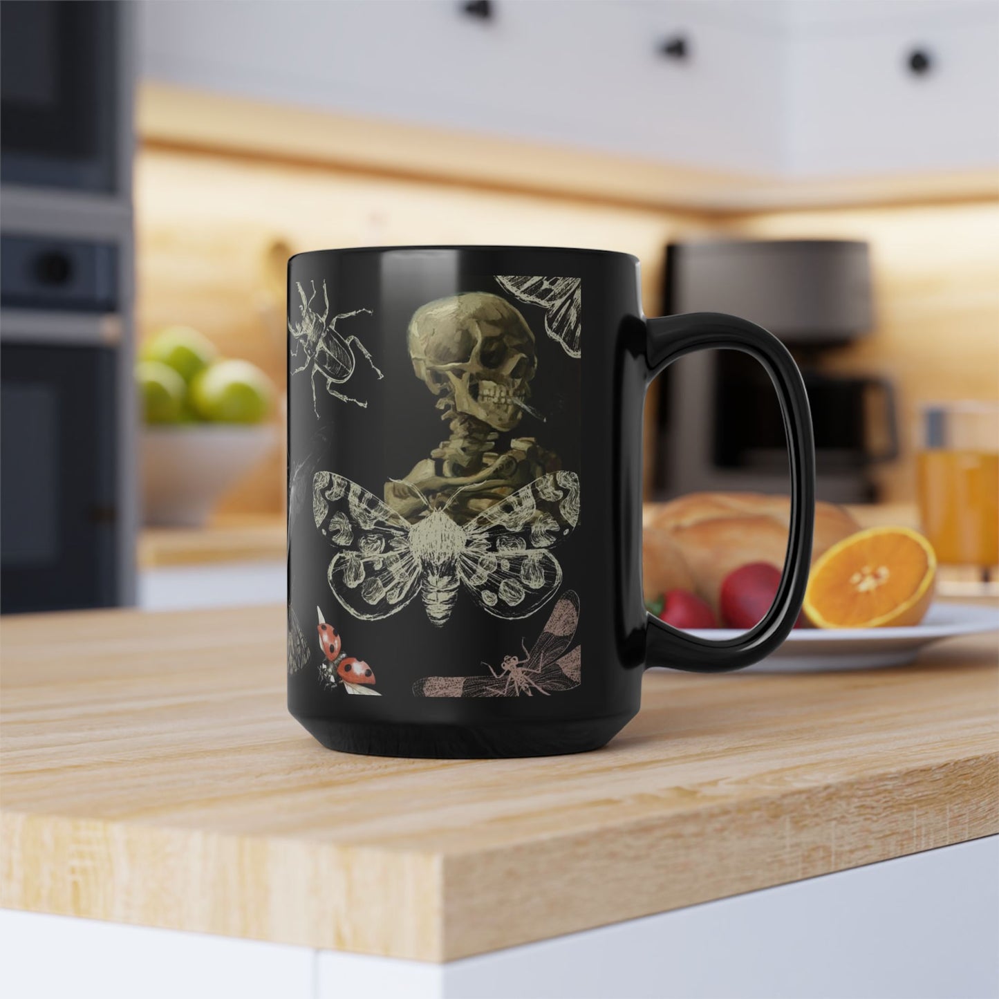 Skull & Moth Black Ceramic Mug – Gothic Skeleton and Moth Halloween Coffee Cup
