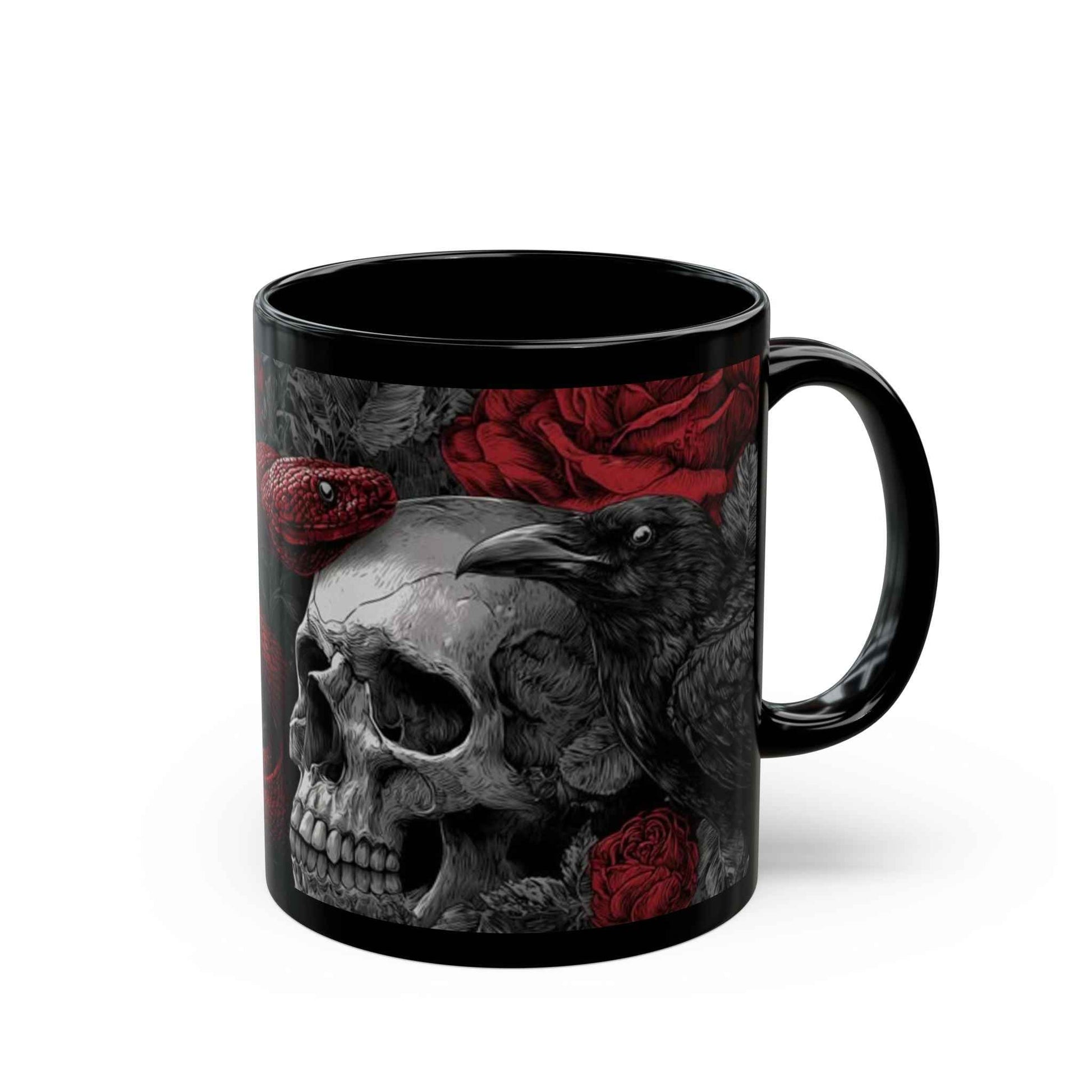 Gothic Skull & Red Snake Black Mug – Dark Rose Raven Coffee Cup