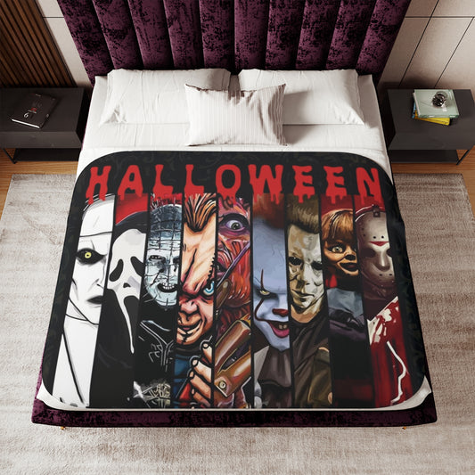 Manta de sherpa con collage de películas clásicas de terror.