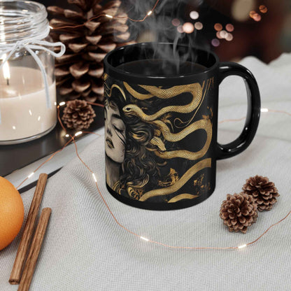 Medusa Art Black Ceramic Mug — Mythical Snake-Hair Goddess Coffee Cup