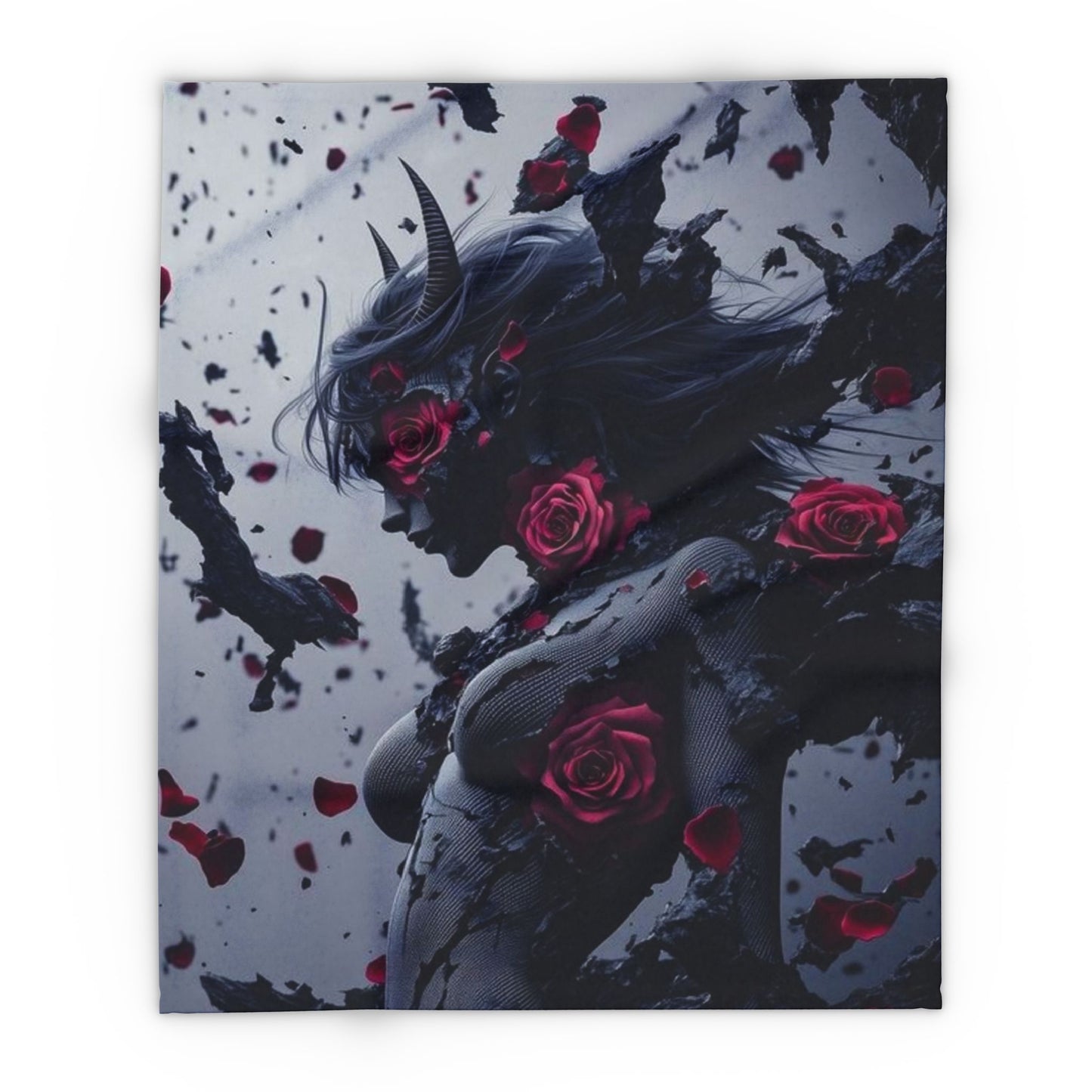 Arctic Fleece Blanket - Dark Fantasy Demon Woman with Red Roses Plush Throw