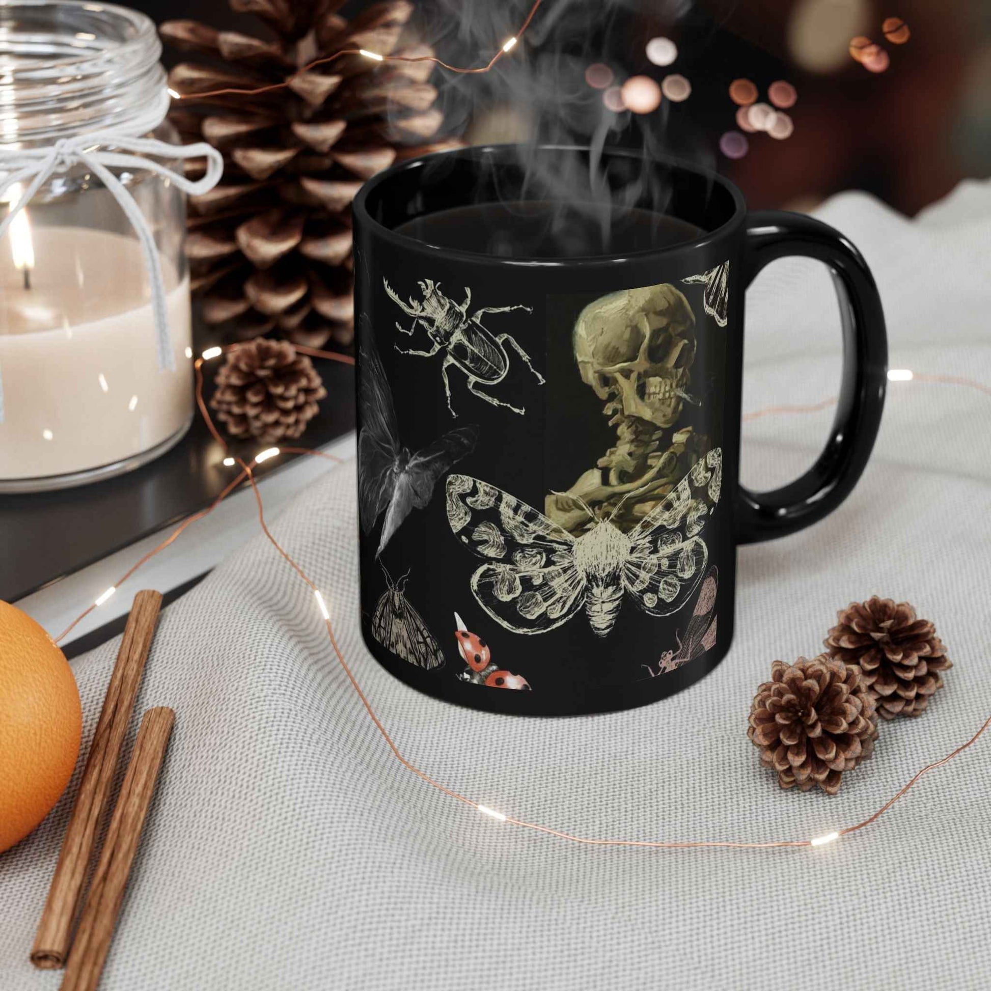 Skull & Moth Black Ceramic Mug – Gothic Skeleton and Moth Halloween Coffee Cup