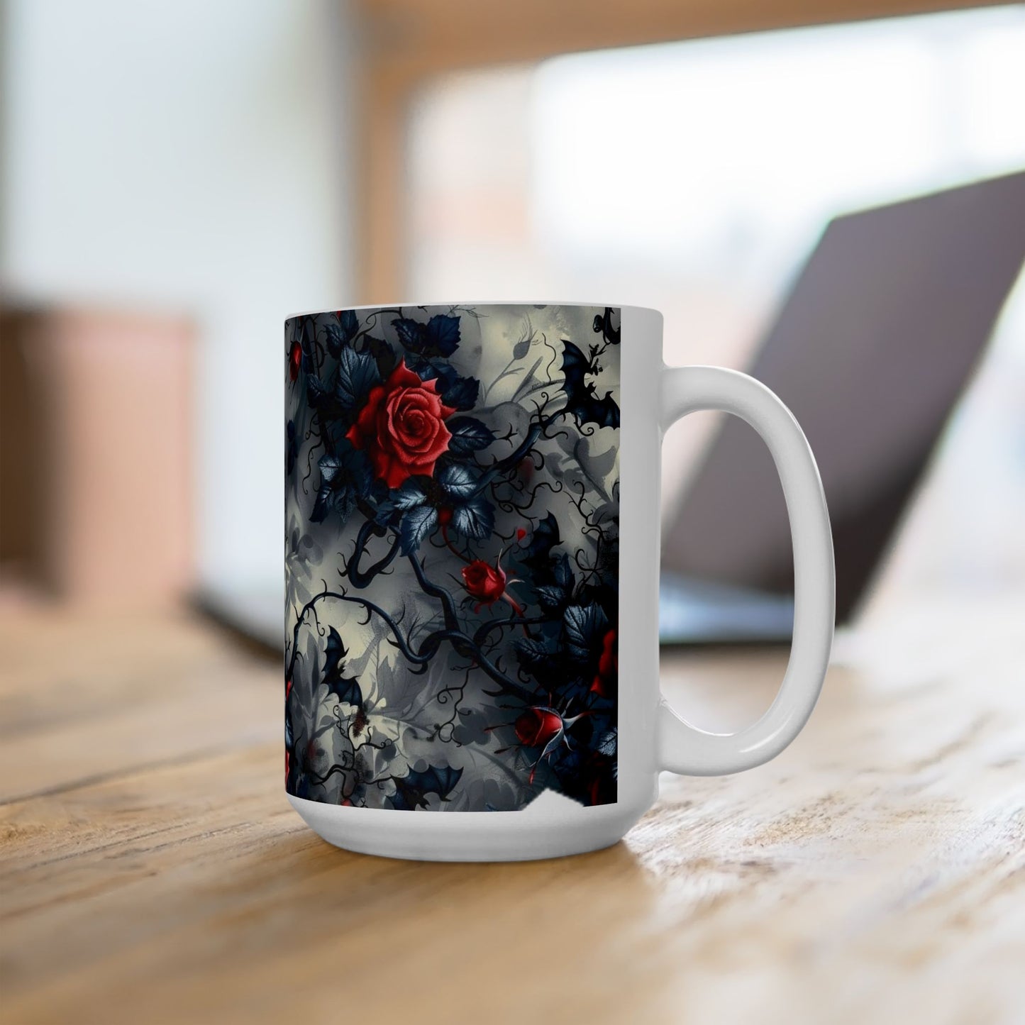 Red Rose Ceramic Mug — Dark Floral Coffee Cup
