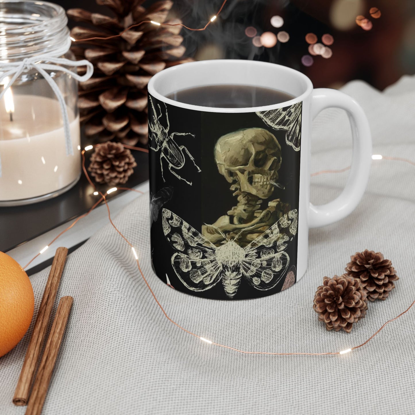 Gothic Insect Anatomy Mug — Skull, Skeleton & Moth Ceramic Coffee Cup (11oz/15oz)
