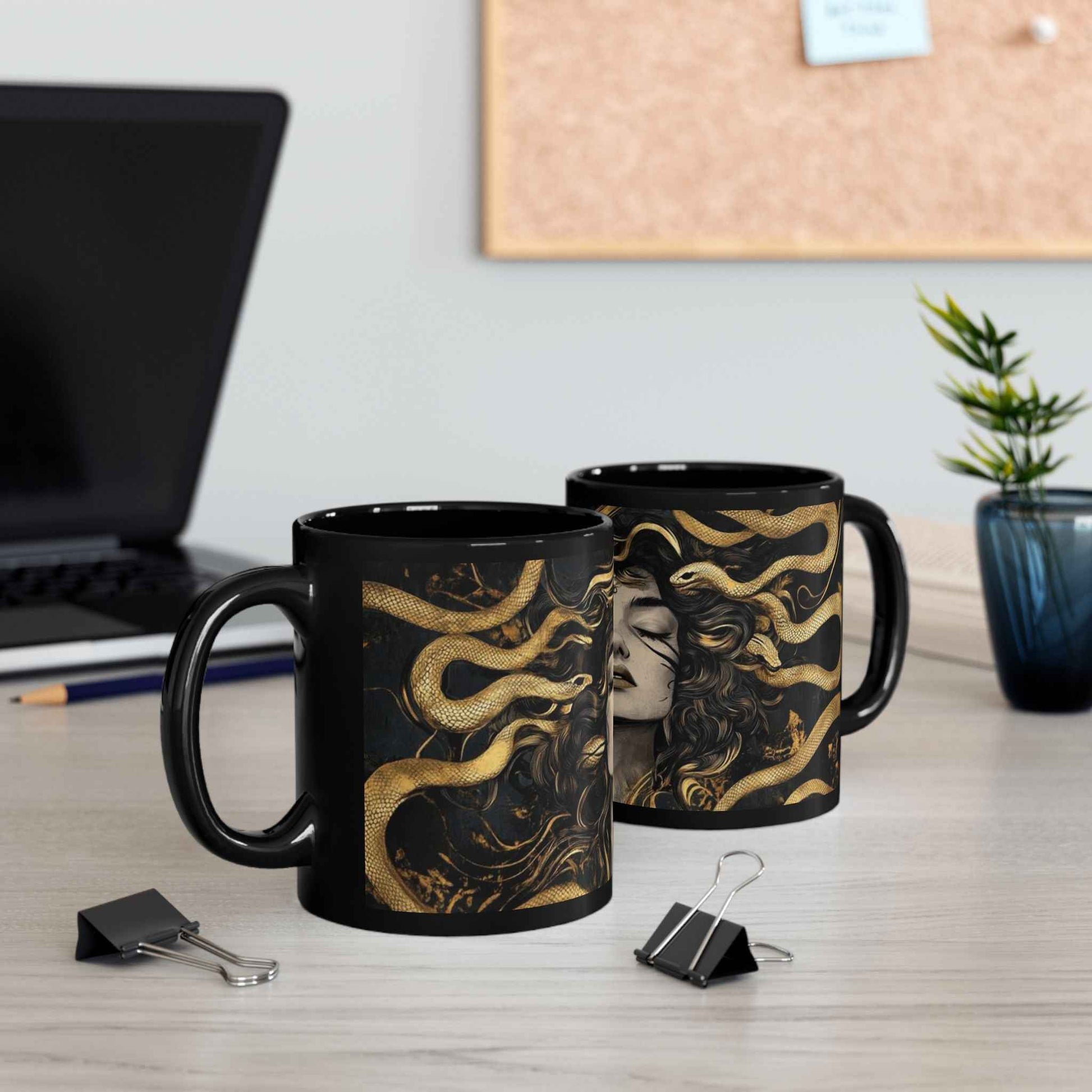 Medusa Art Black Ceramic Mug — Mythical Snake-Hair Goddess Coffee Cup