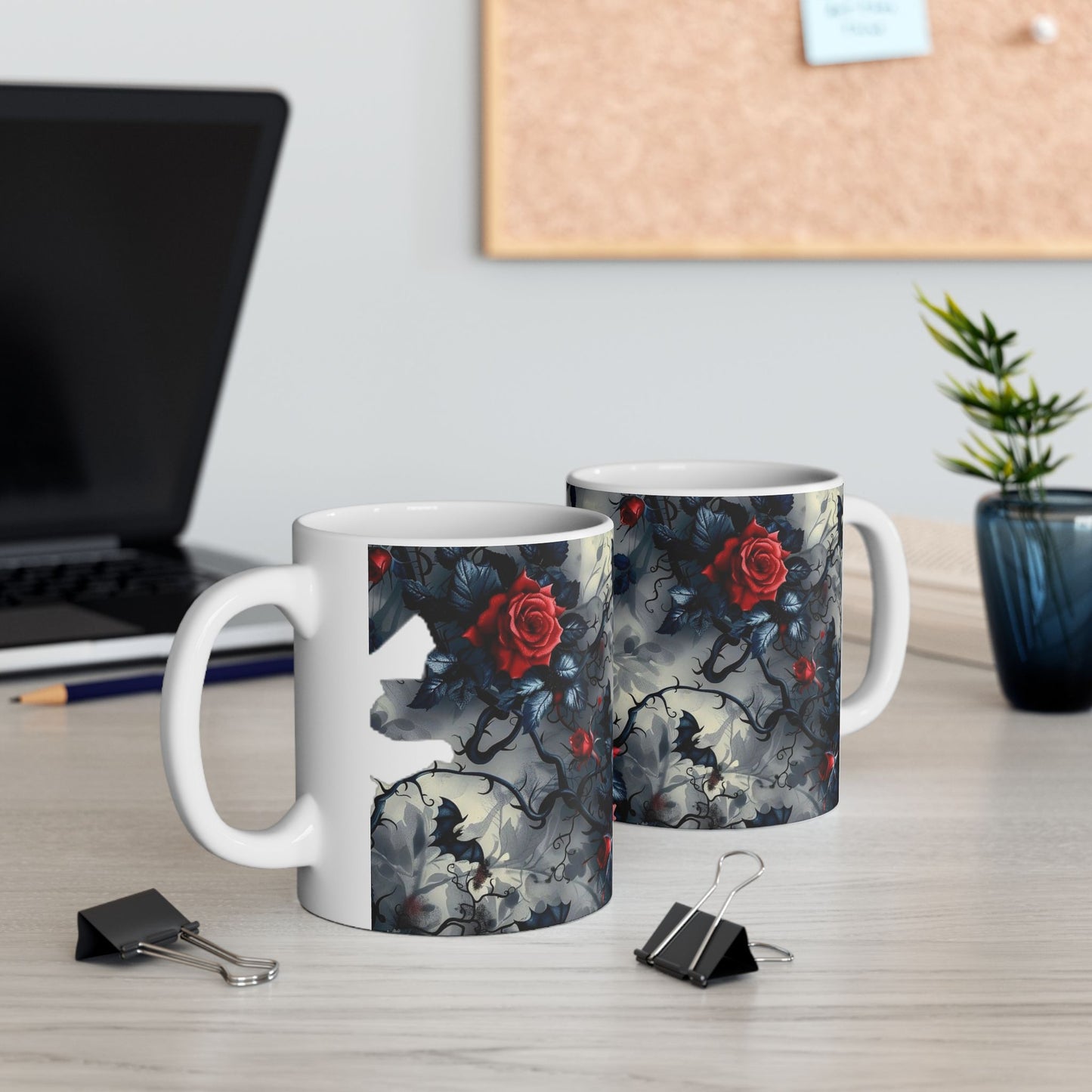 Red Rose Ceramic Mug — Dark Floral Coffee Cup