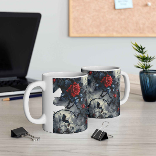 Red Rose Ceramic Mug — Dark Floral Coffee Cup
