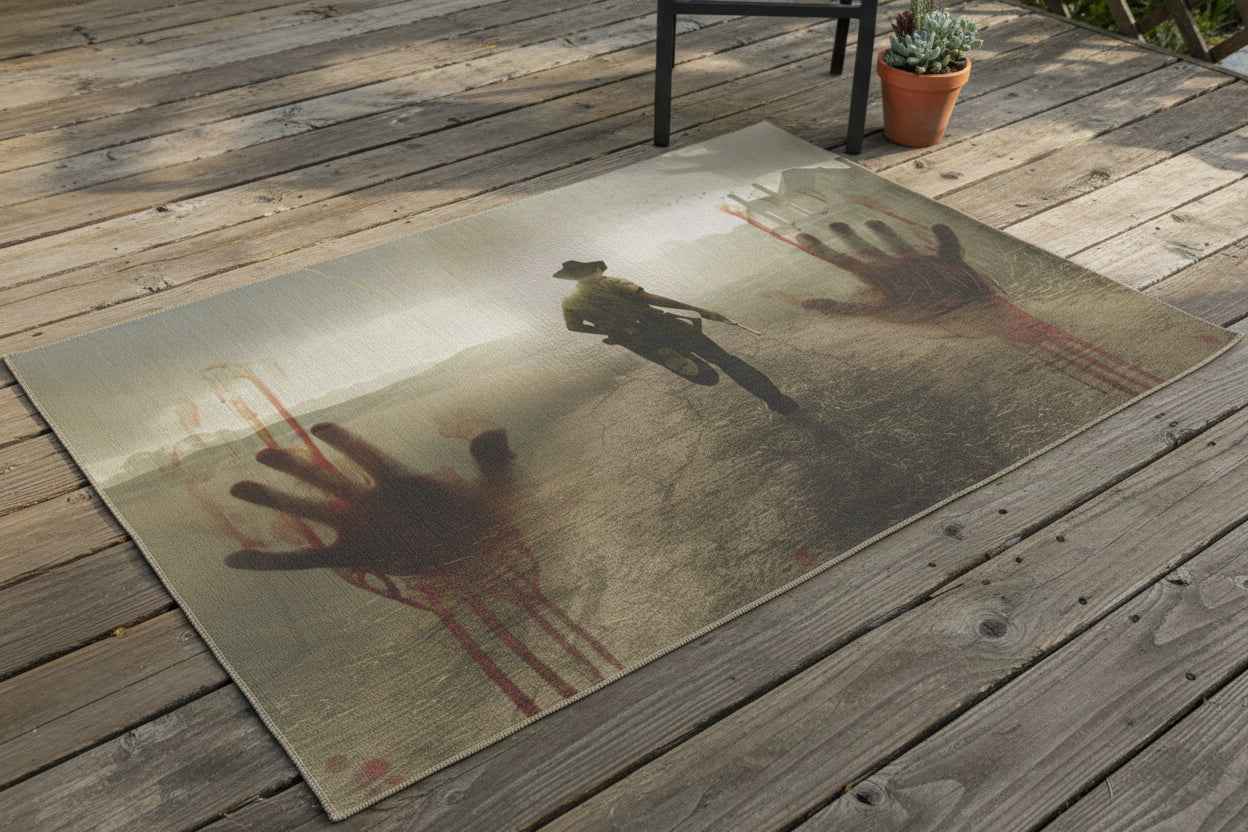 Zombie Western Outdoor Rug — Haunted Cowboy Scene with Bloody Handprints
