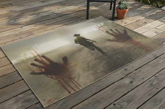 Zombie Western Outdoor Rug — Haunted Cowboy Scene with Bloody Handprints