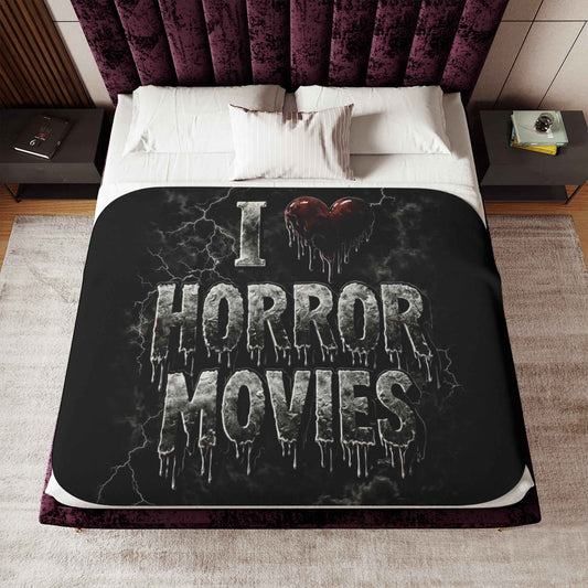 I Love Horror Movies Sherpa Blanket — Cozy Fleece Throw for Horror Fans, Halloween Gift