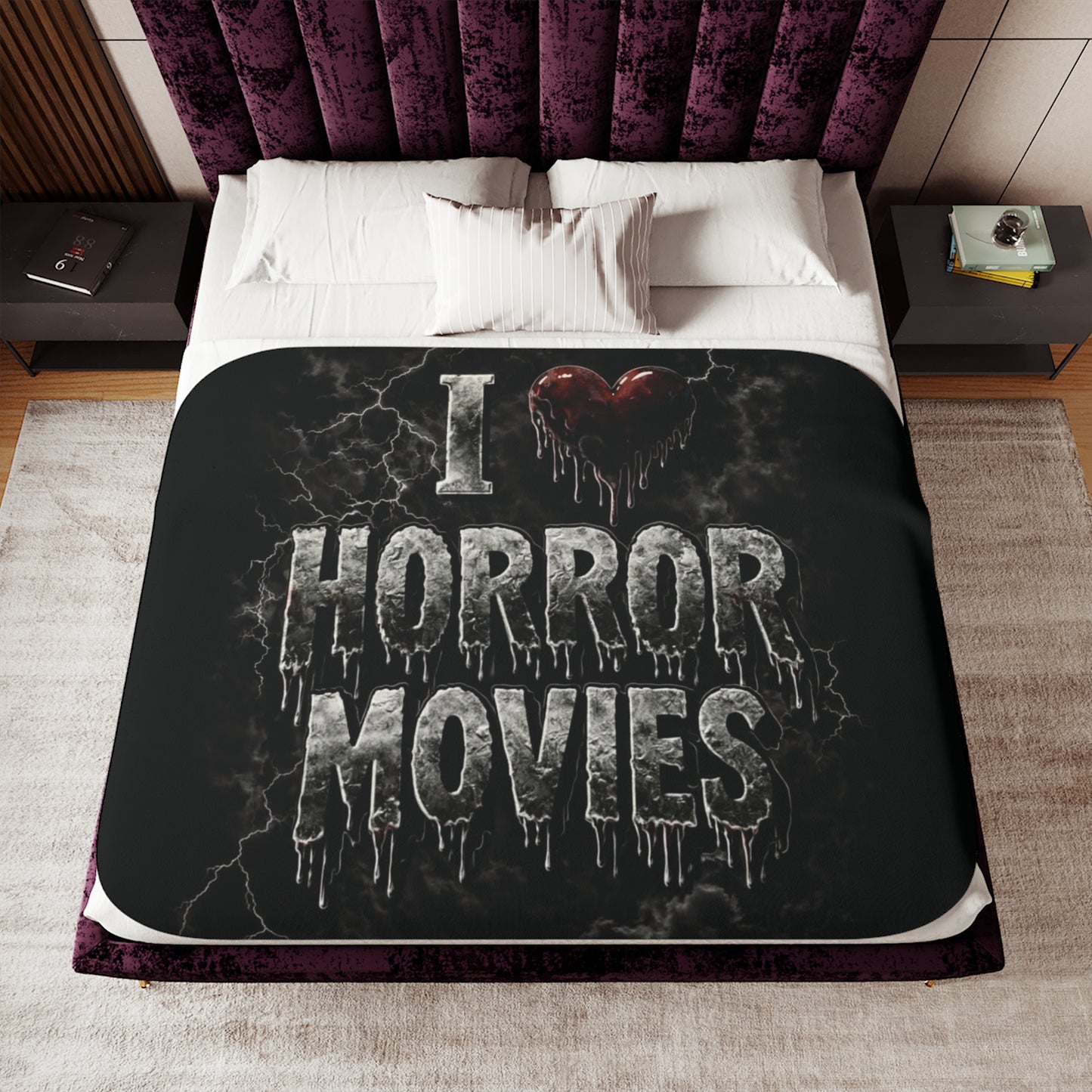 I Love Horror Movies Sherpa Blanket — Cozy Fleece Throw for Horror Fans, Halloween Gift