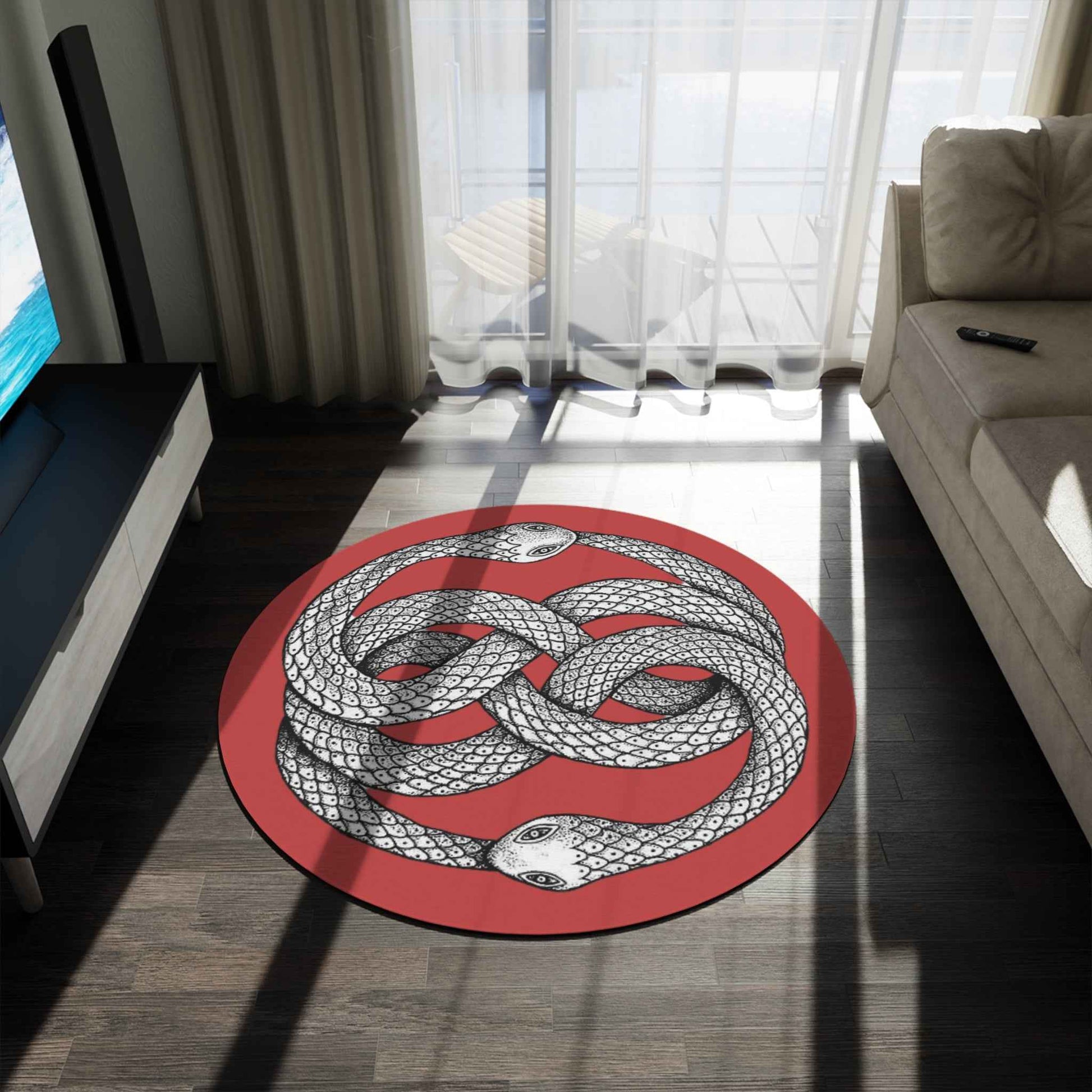 Intertwined Serpents Round Rug — Red Ouroboros Knot Floor Mat