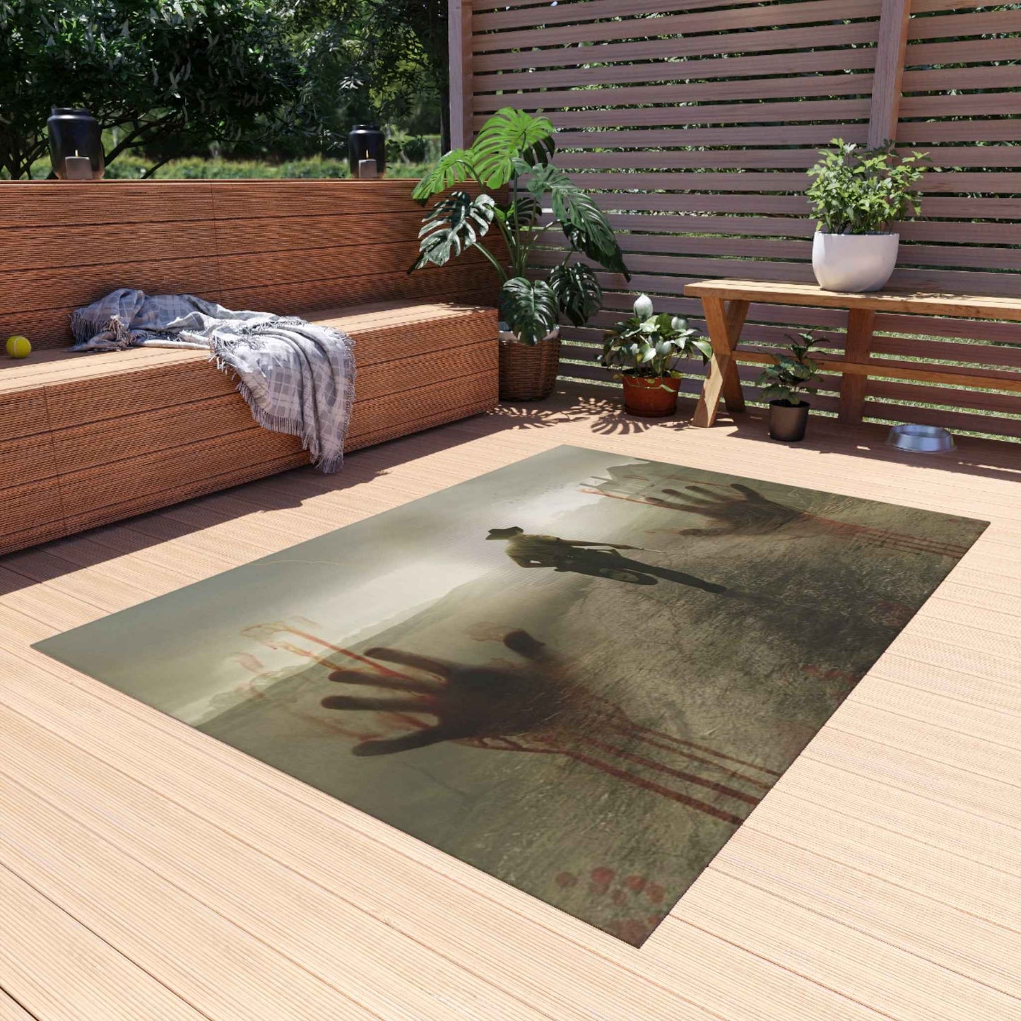 Zombie Western Outdoor Rug — Haunted Cowboy Scene with Bloody Handprints