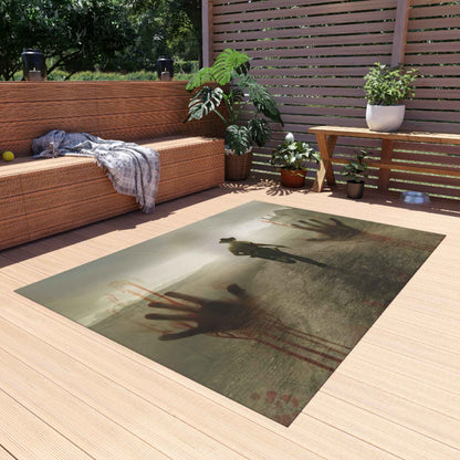 Zombie Western Outdoor Rug — Haunted Cowboy Scene with Bloody Handprints