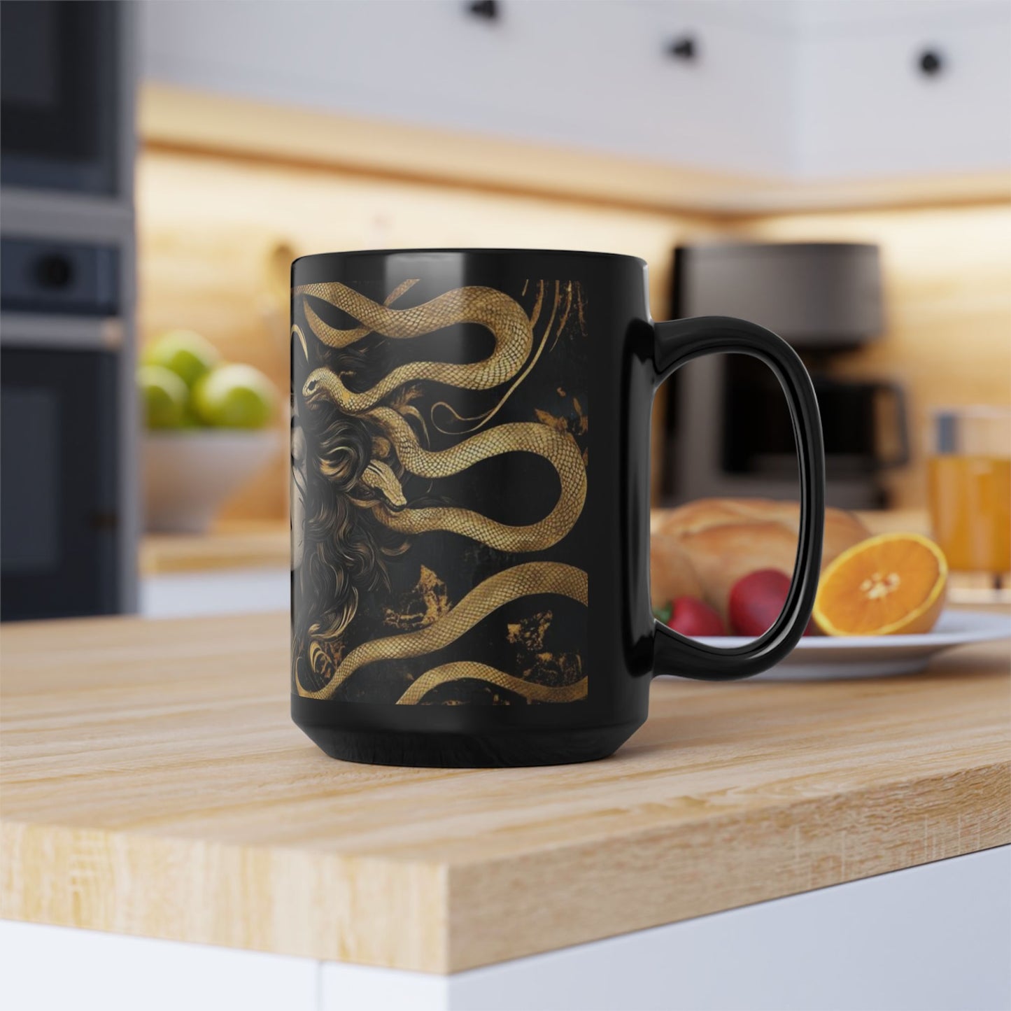 Medusa Art Black Ceramic Mug — Mythical Snake-Hair Goddess Coffee Cup