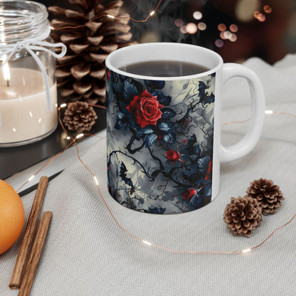 Red Rose Ceramic Mug — Dark Floral Coffee Cup
