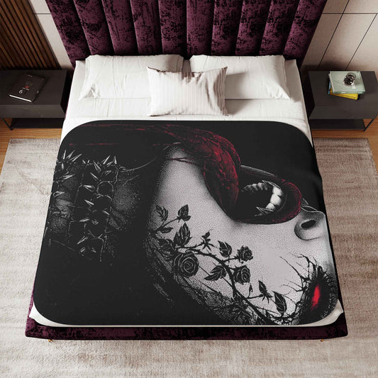 Gothic Vampire Face Sherpa Blanket – Dark Rose Tattoo Cozy Throw