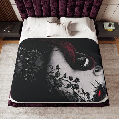 Gothic Vampire Face Sherpa Blanket – Dark Rose Tattoo Cozy Throw