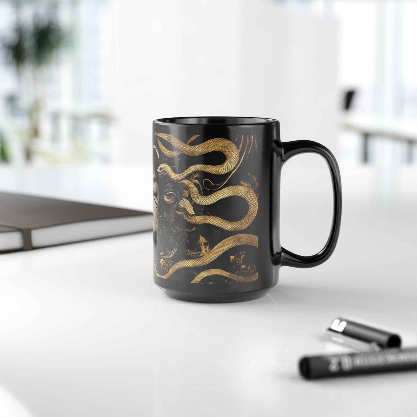 Medusa Art Black Ceramic Mug — Mythical Snake-Hair Goddess Coffee Cup