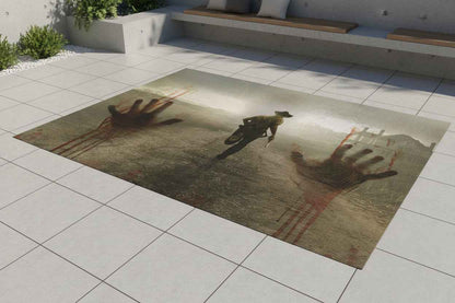 Zombie Western Outdoor Rug — Haunted Cowboy Scene with Bloody Handprints
