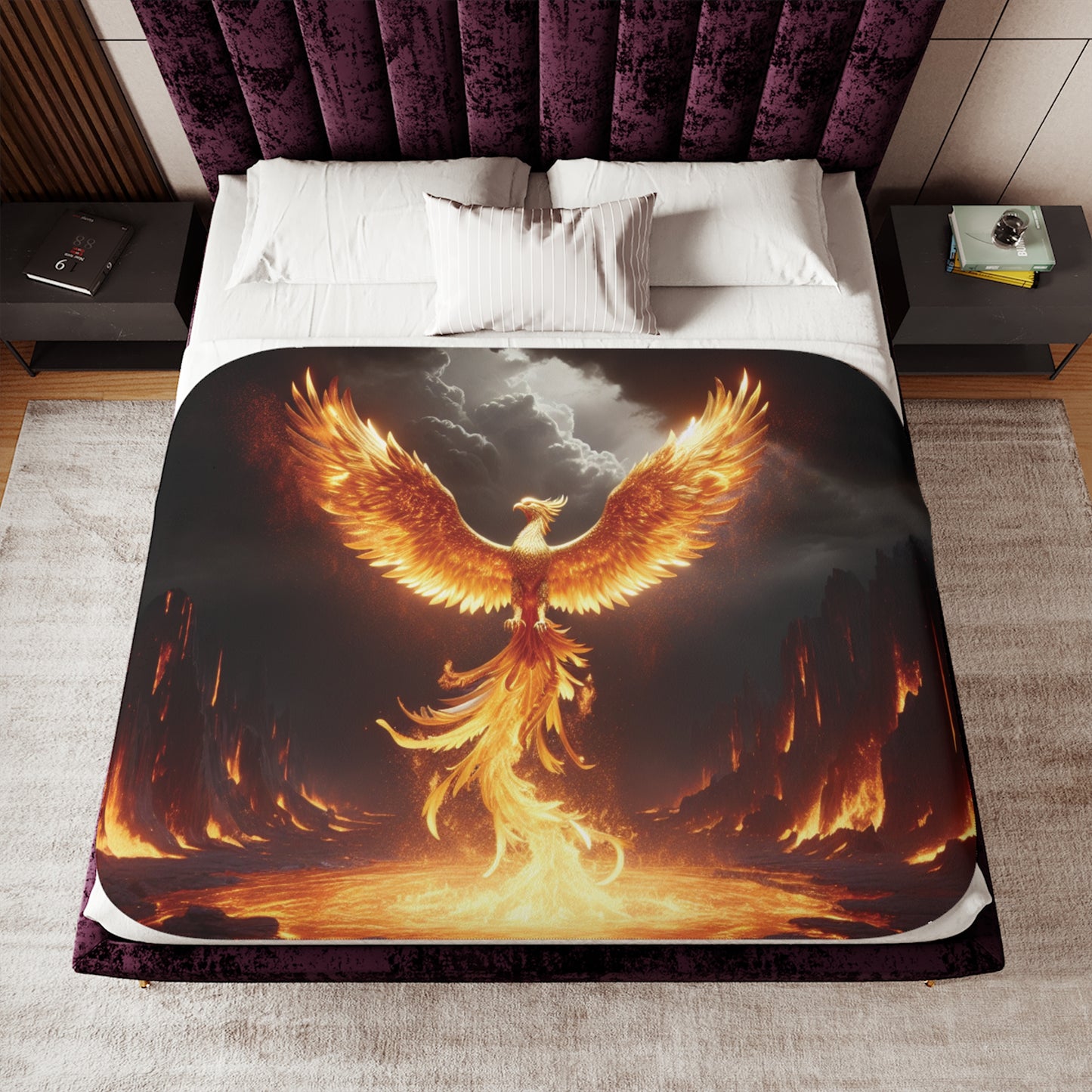 Phoenix Flame Sherpa Blanket — Fiery Mythical Bird Throw for Cozy Home & Gift