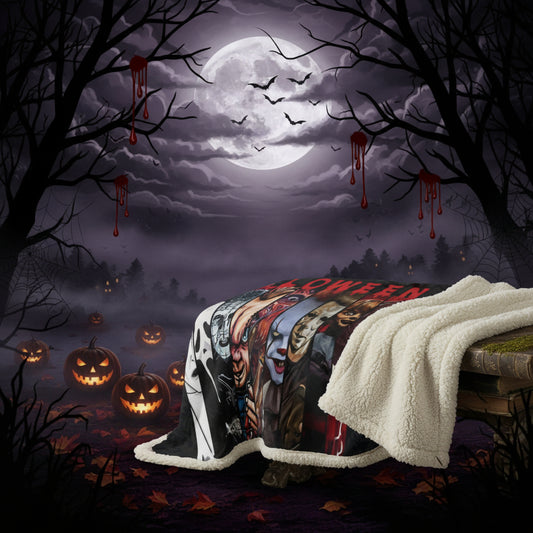 A rectangular blanket with rounded corners featuring a Halloween-themed horror collage. The design displays the word 'HALLOWEEN' in dripping red letters above seven vertical panels showing iconic monster faces: Michael Myers, Ghostface, Leatherface, Chucky, Jason Voorhees, Freddy Krueger, and Sally the Demon, all on a black background.