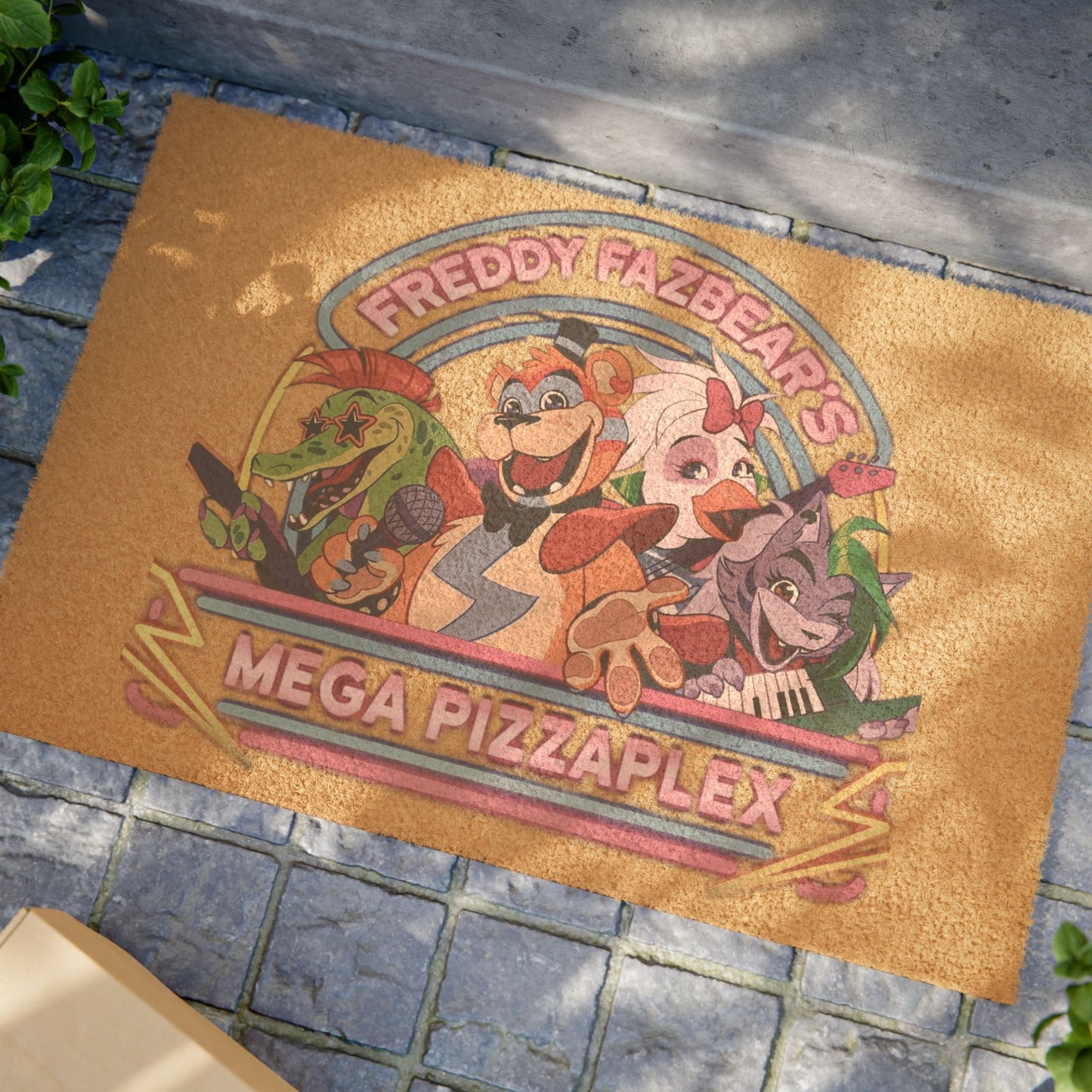 Doormat with cartoon characters and 'Freddy Fazbear's Mega Pizzaplex' text on a stone floor.