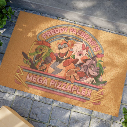 Doormat with cartoon characters and 'Freddy Fazbear's Mega Pizzaplex' text on a stone floor.