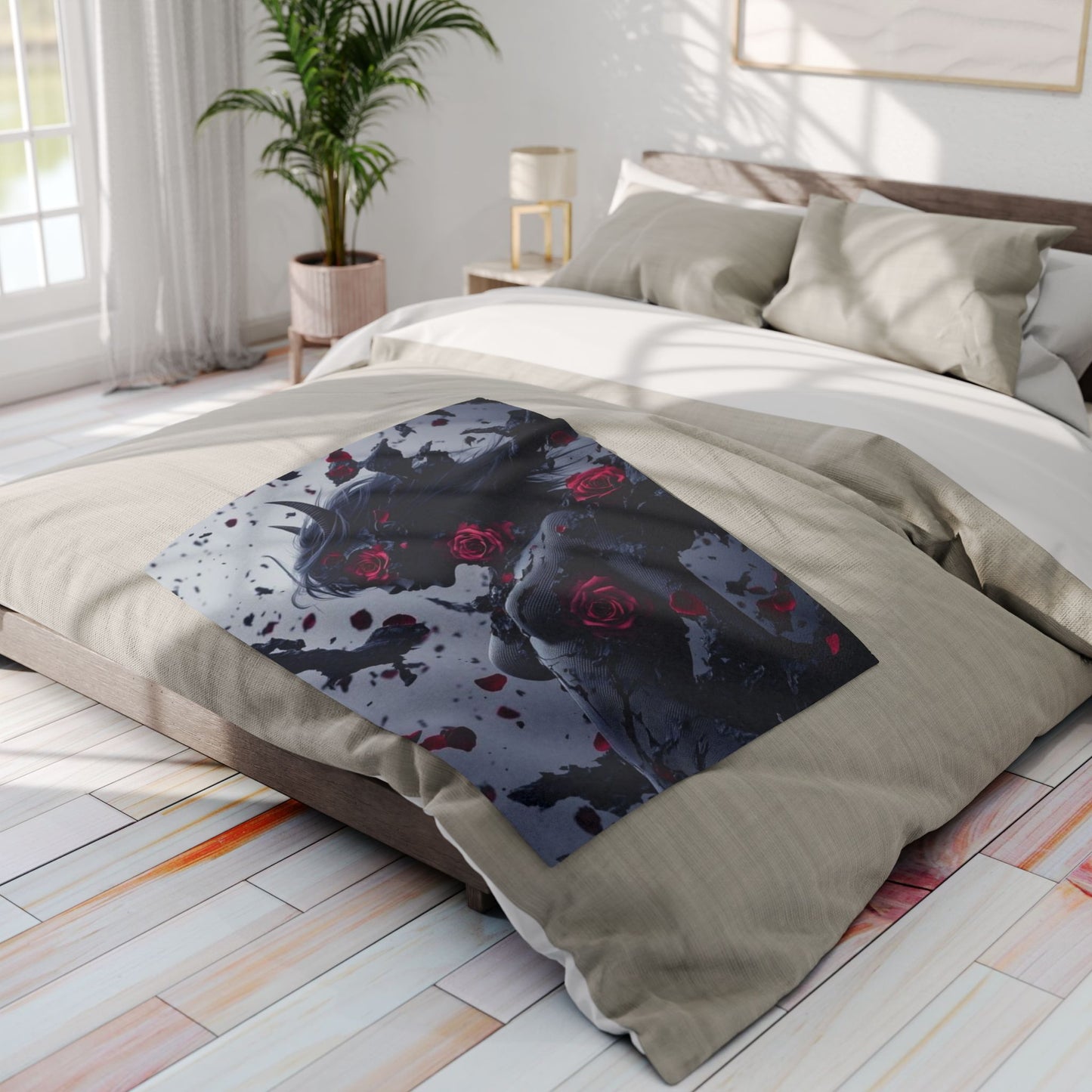 Arctic Fleece Blanket - Dark Fantasy Demon Woman with Red Roses Plush Throw