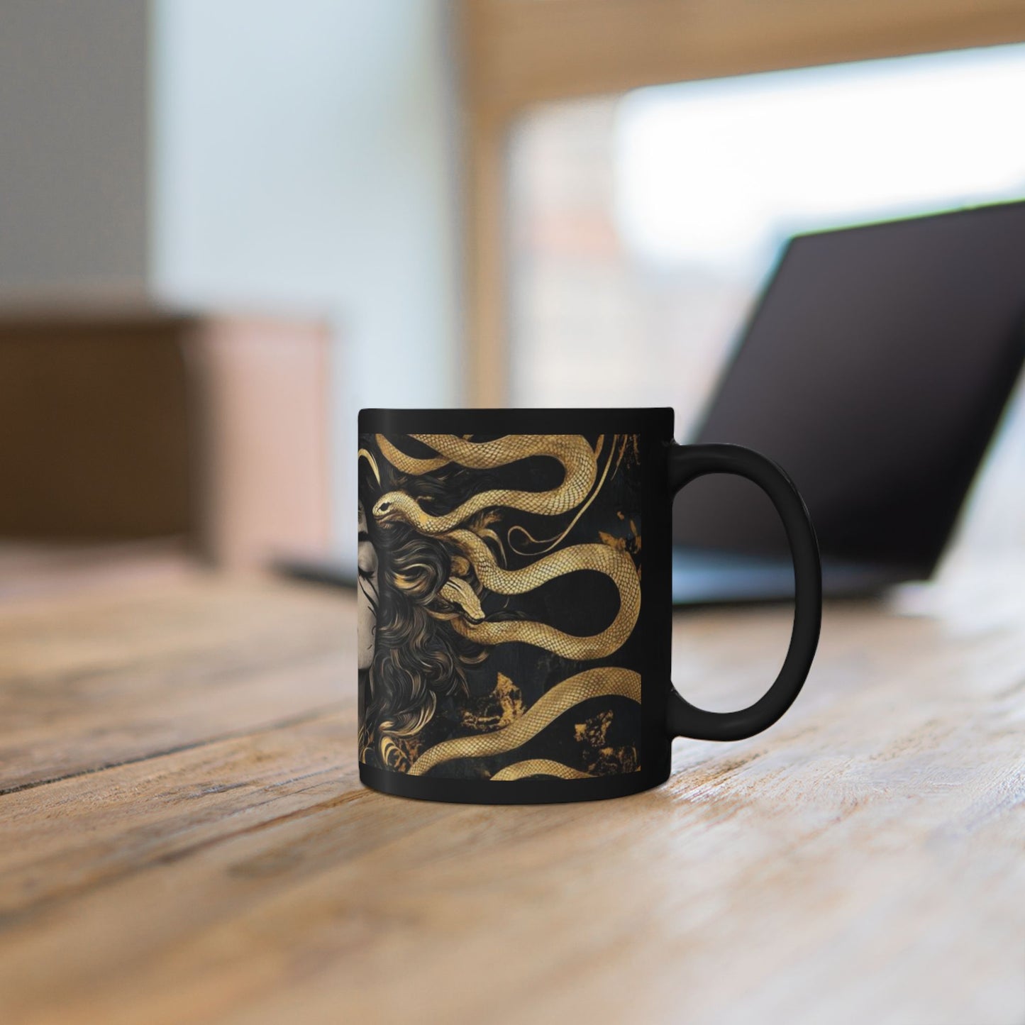 Medusa Art Black Ceramic Mug — Mythical Snake-Hair Goddess Coffee Cup