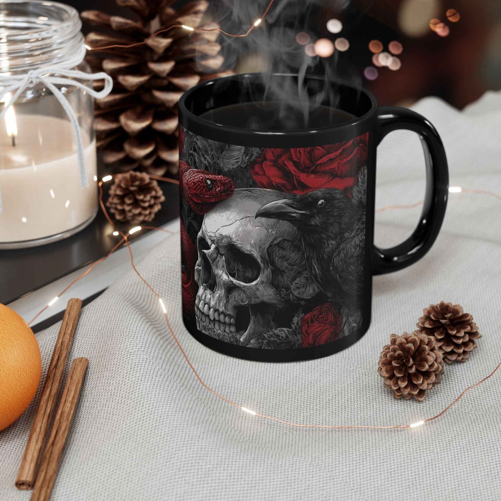 Gothic Skull & Red Snake Black Mug – Dark Rose Raven Coffee Cup