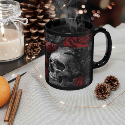 Gothic Skull & Red Snake Black Mug – Dark Rose Raven Coffee Cup