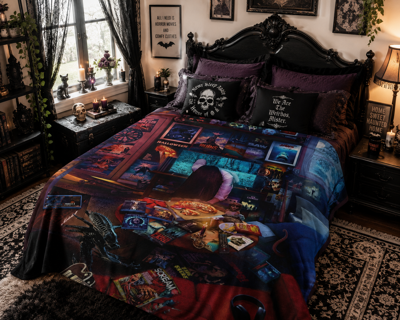 Halloween Montage Sherpa Blanket – Cosy Gothic Room Scene Throw